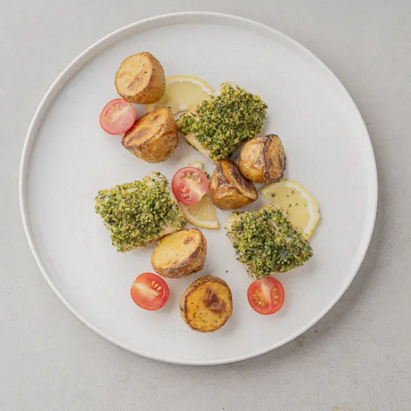 Herb Lemon Crusted Fish With Baby Potatoes and Tomato